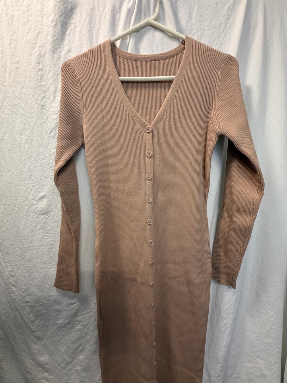 Cider Long Sleeve Button-Front Midi Dress in tan